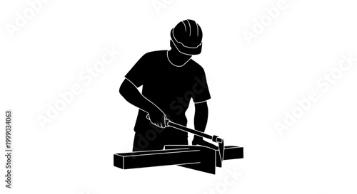 Silhouette of Construction Worker in Hard Hat Using a Pry Bar on Timber