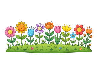 A vibrant spring meadow vector illustration featuring a floral pattern of daisies and grass with a butterfly and sun for a nature garden frame