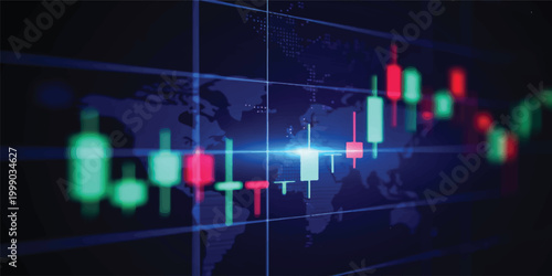 A digital business technology concept featuring a blue stock market chart and data wave illustration displayed on a computer monitor with a medical heartbeat line design and network security