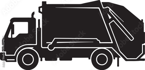 Garbage truck, waste management vehicle, sanitation truck, black silhouette icon