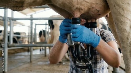 Dairy farmer in blue gloves milking cow with machine in barn, cows in background