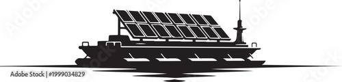 Solar panel boat, eco friendly vessel, renewable energy, sustainable transportation, black silhouette