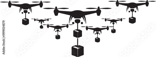 Drone, drones, flying robots, black icons, technology symbols, vector graphics