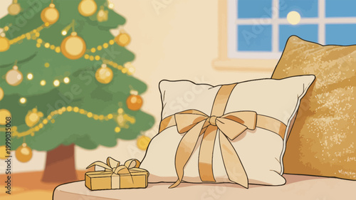 Cozy Christmas indoor living room scene with gifts and festive decor