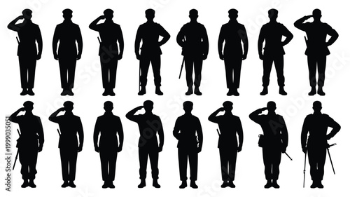Collection of diverse male soldier silhouettes in various standing and saluting poses against a clean white background representing military service and discipline with distinct