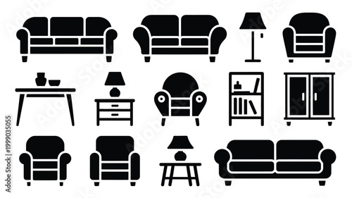 Diverse collection of black furniture silhouette icons including sofas armchairs tables lamps and cabinets presented against a clean white background ideal for interior design