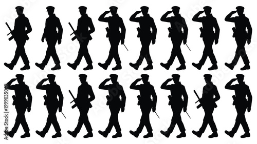 Seamless pattern of military soldier silhouettes marching with rifles and saluting in uniforms against a clean white background representing discipline and authority
