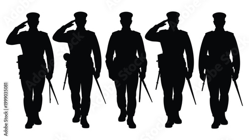 Five uniformed military soldiers in silhouette standing at attention and saluting with batons representing discipline order and authority against a stark white background