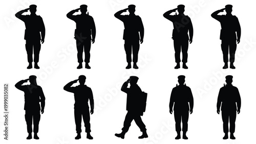 Collection of diverse soldier silhouettes performing salutes and marching representing military service patriotism and duty against a clean white background ideal for conceptual