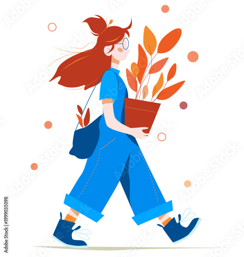 A red-haired girl in glasses holding a huge flower in a pot. A woman in blue denim overalls, hand-drawn and isolated on a light background. A female icon, a teenager with a flower.