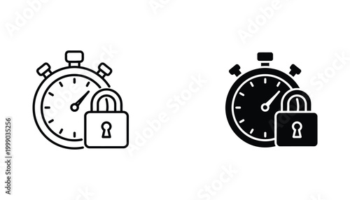 Secure time management icon set featuring stopwatch combined with padlock in line and solid graphic styles for productivity and security software applications