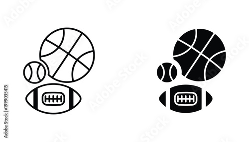 Sports equipment ball icon set featuring basketball and football in outline and solid black styles for athletic training and fitness branding design isolated on a white background