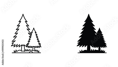 Evergreen pine tree forest icon set in outline and solid black styles for environmental and nature conservation graphic design projects isolated on a clean white background for print and web