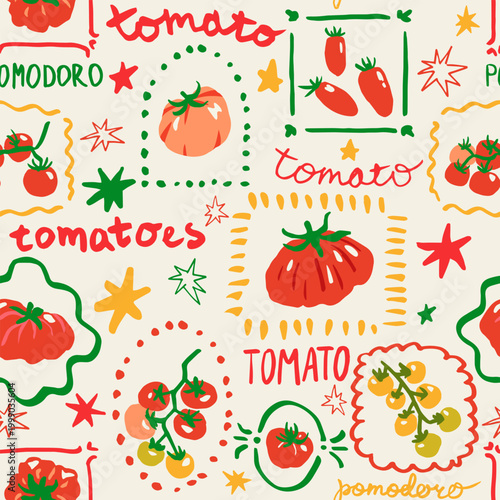 Seamless pattern with doodle abstract red and yellow tomatoes. Trendy aesthetic farmer market background. Hand drawn vector illustration.Italian summer. Fresh, vibrant, vegetarian organic wallpaper
