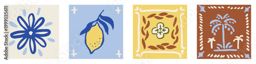 Set of freehand ink doodle abstract tiles illustrations in mediterranean style. Trendy Italian summer mosaic background. Hand drawn vector design. Boho, Sicilian lemons, coastal wallpaper, card.