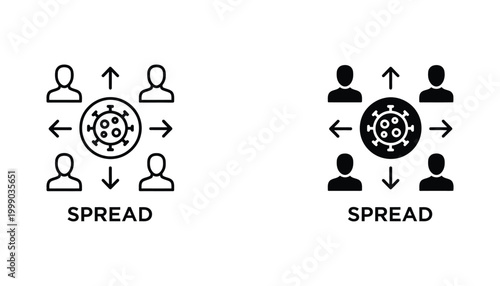 Virus spread concept icon set showing human contact transmission in outline and solid black style for public health and safety communication