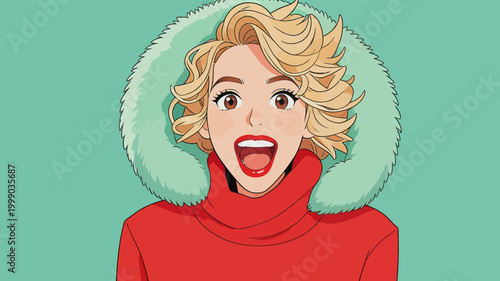 Surprised young woman in winter coat with fur hood