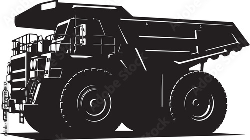 Black and white dump truck, heavy duty vehicle, industrial transport, construction equipment