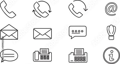 Minimalist contact icons set, black line communication symbols for business website, 12 vector elements including phone, email, and fax icons