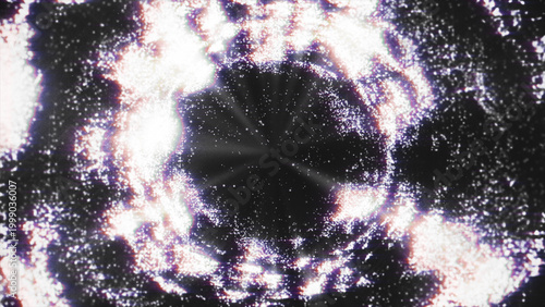 Fotografie Bright particles radiate and swirl through the dark void, creating a mystical, incandescent tunnel of light and energy