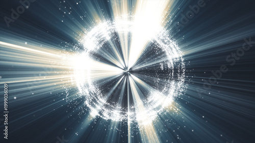 Photos Luminous sphere emits brilliant white-gold light, scattering shimmering particles on dark expanse
