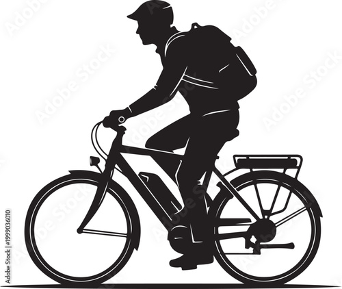 Black bicycle rider silhouette, urban cyclist icon, bike commuter graphic, city transportation symbol