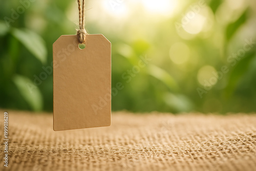 Blank kraft tag hangs against a blurred green foliage background
