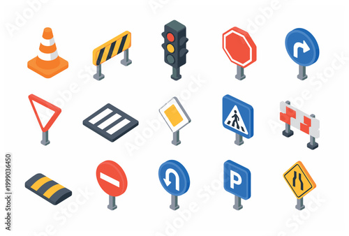 Isometric 3D icons of various road signs and traffic control elements on a white background.