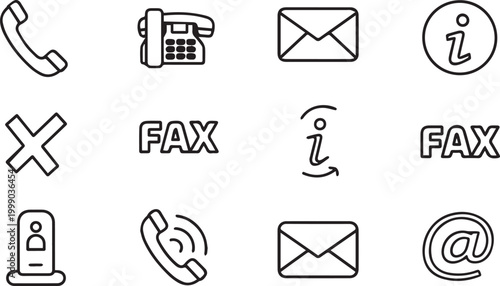 Minimalist contact icons set, black line communication symbols, 12 vector elements for business website and customer support interface