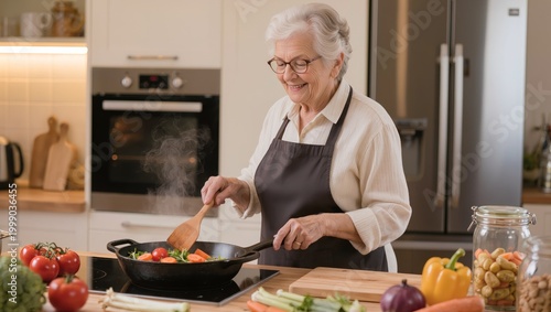 Senior woman cooking healthy meal in modern kitchen