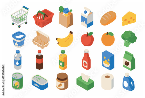 Isometric grocery items and shopping essentials collection on a white background.