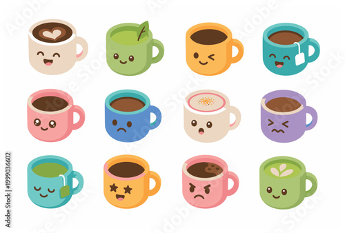 A collection of twelve cute cartoon mugs with various hot beverages and kawaii facial expressions, isolated on a white background.