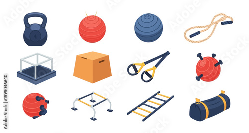 fitness equipment icons in colorful isometric style on transparent background