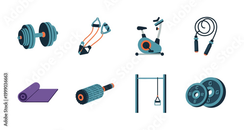 fitness equipment icons in flat design on transparent background