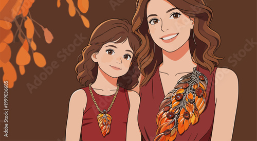 Autumn themed portrait of mother and daughter in matching outfits