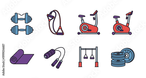 fitness equipment icons set on transparent background