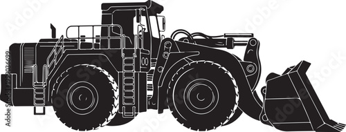 Heavy duty wheel loader, construction equipment, industrial vehicle, black silhouette