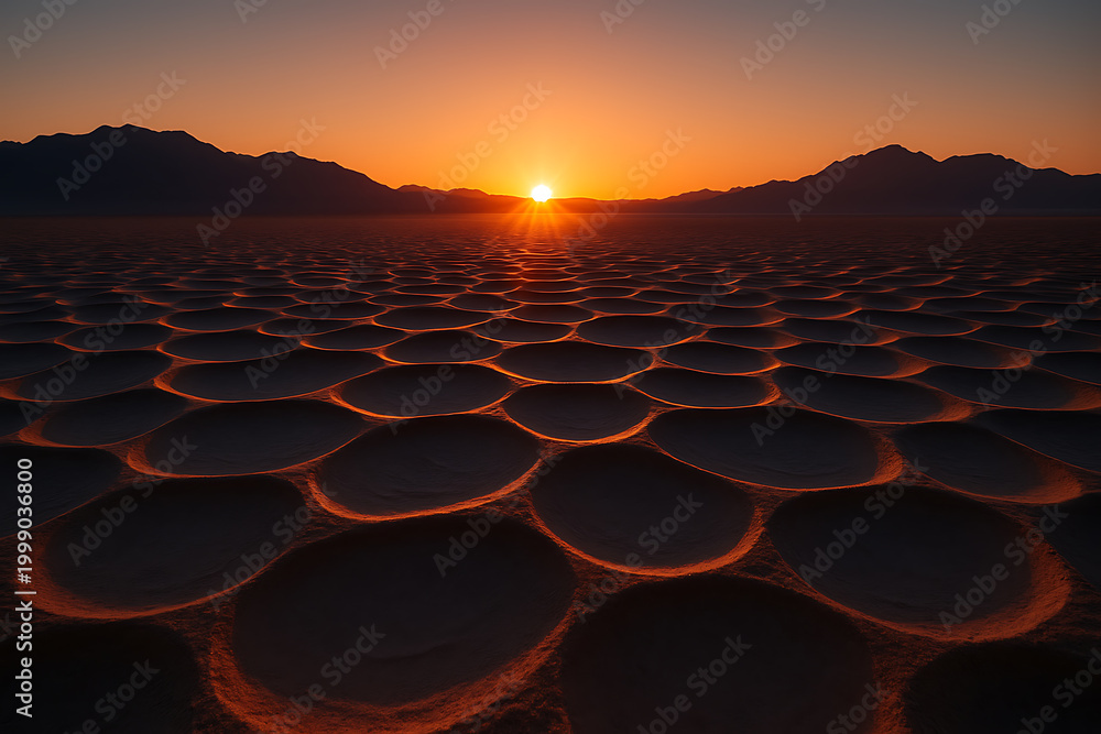 Obraz premium Sunset over cracked earth in a desert landscape with distant mountains