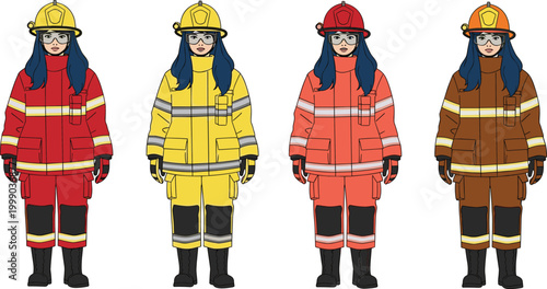 Firefighter uniforms collection protective gear and safety clothing vector illustration emergency service outfits for rescue and fire department design