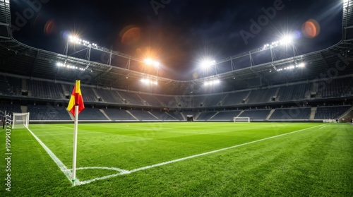 Soccer field, green grass stadium, nighttime sports, football arena, goal post