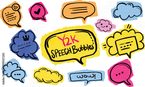 Y2K Hand Drawn Speech Bubble Set, Colorful Doodle Comic Chat Bubbles with Halftone Texture, Retro Pop Message Icons for Social Media, Sticker Design