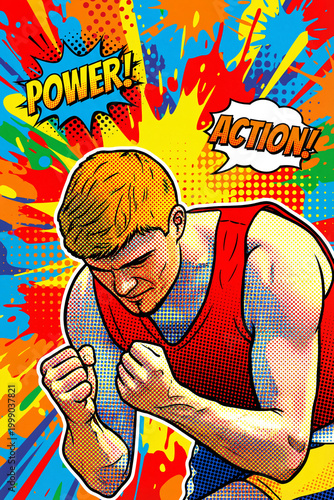 Retro comic-style illustration of determined athlete clenching fist. Power and action in vibrant pop art design.