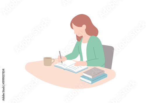 デスクでノートに書き物をする女性のイラスト 勉強 ライフスタイル