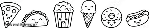 Kawaii-style food characters includes a slice of pizza, a taco, popcorn, an ice cream cone, a donut, and a hot dog.