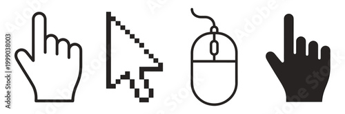 Computer cursor and interface pointer icon set in flat monochrome style, hand gesture, select, click, and hardware