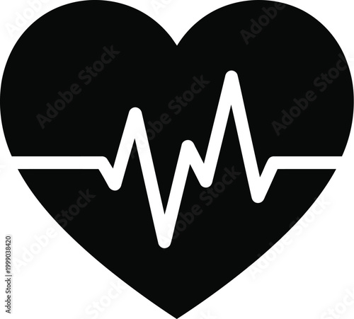 Black Heart Silhouette with Heartbeat Pulse Line - Medical ECG EKG Icon for Cardiology, Fitness, and Healthcare Wellness.eps