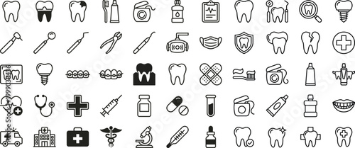 Tooth icon set. Tooth editable stroke icons. Dental clinic symbol. Teeth sign. Vector