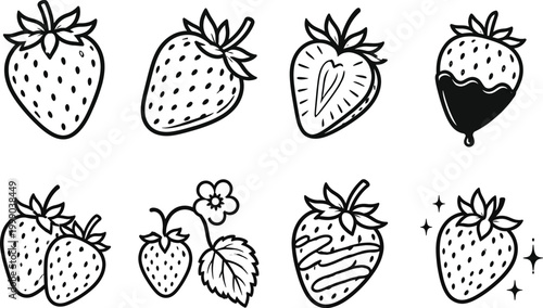 Set of Hand-drawn black and white strawberries with leaves in bold line art style on a plain white background, representing fresh fruit concept