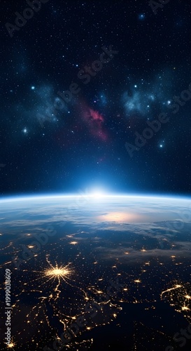 Epic space background featuring Earth horizon with illuminated cities, smooth atmospheric glow, dense stars and cosmic dust, high clarity, cinematic stock photo style