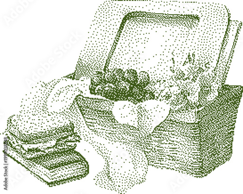 Picnic basket with sandwich and grapes during a summer day with a dotwork illustration style
